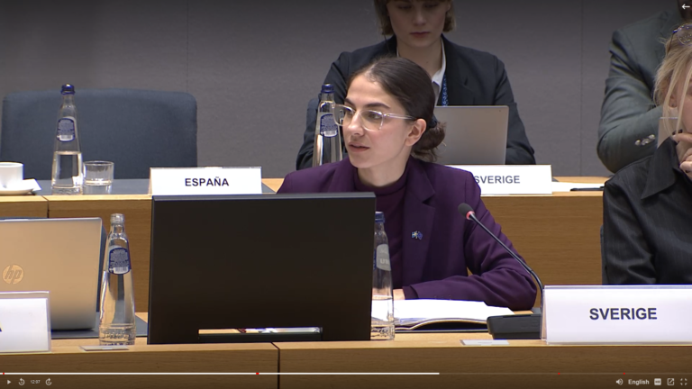 Romina Pourmokhtaris håller sitt anförande angående ELV i Bryssel.