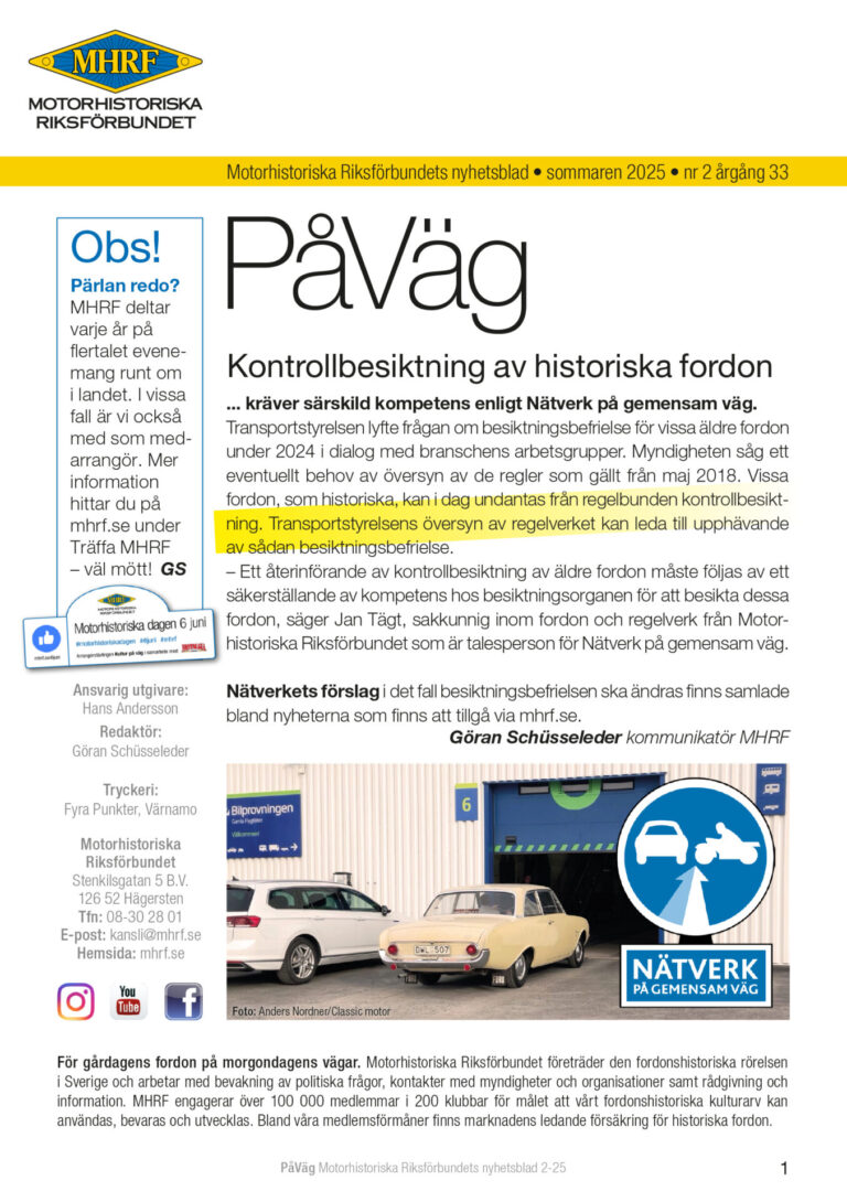 Omslagsbild av Motorhistoriska Riksförbundets nyhetsblad PåVäg sommaren 2025.
